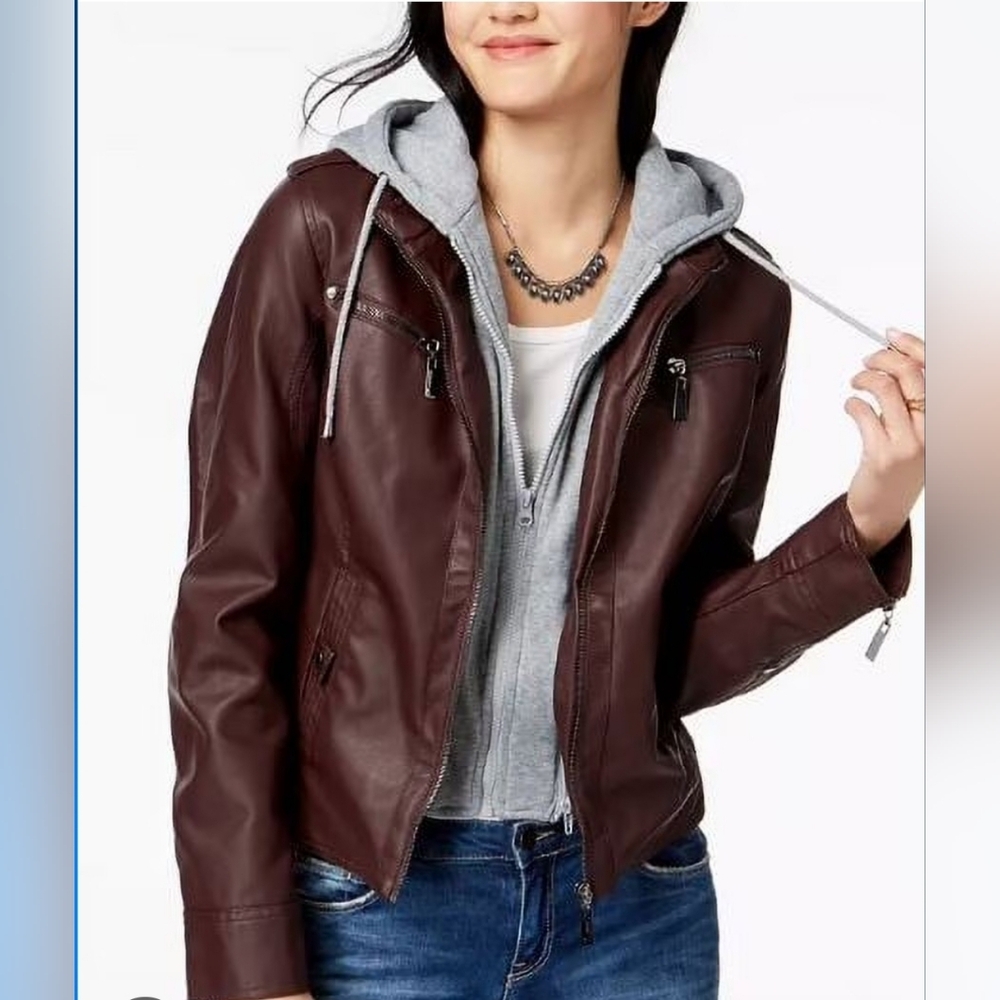 Jou Jou Juniors Hooded Vegan Leather Moto Jacket Removable Hoodie Warm In Size M